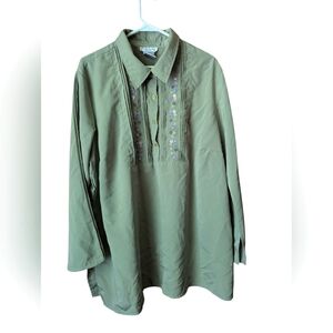 Brylane woman Collection  green embroidery tunic top long sleeve 1X